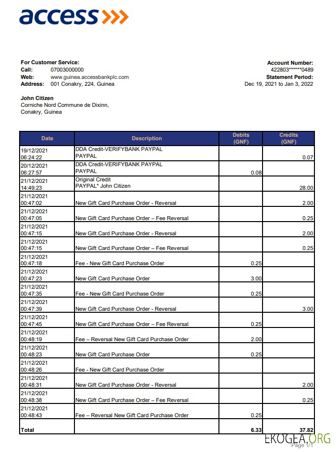 Relevé bancaire Guinée Access